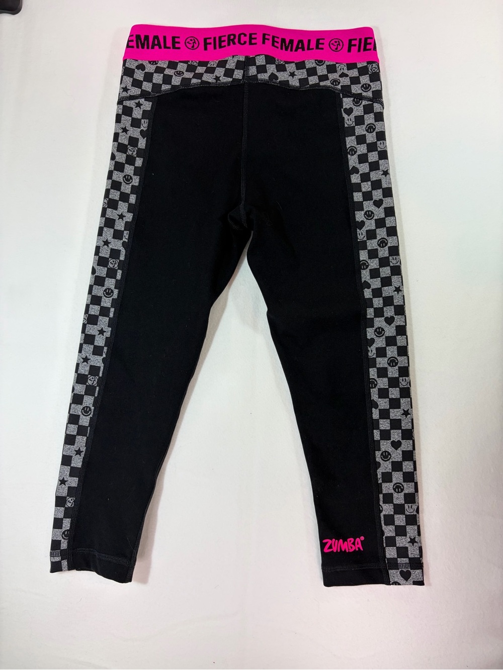 Zumba Fitness Black Leggings with Hot Pink Waistband and Gray Check Panels - Picture 4 of 7